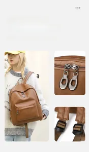 Detail of adjustable straps and zipper hardware on a brown PU leather backpack for women