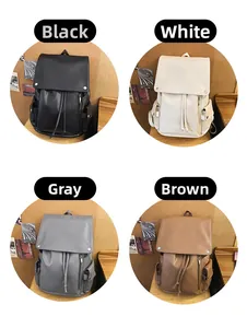 Four colors of minimalist PU leather flap backpacks with metal buckles in a grid view