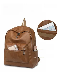 Detail view of brown PU leather backpack storage with front pocket and side compartment