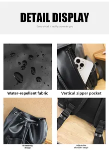 Detail view of water-resistant fabric, hidden zipper pocket, and drawstring of travel backpack
