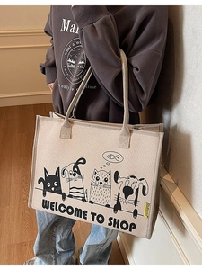 Beige Canvas-Tragetasche mit niedlichem Cartoon-Hund- und Katzendruck für Damen