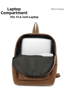 Internal laptop compartment detail of brown PU leather backpack for 15.6 inch computer