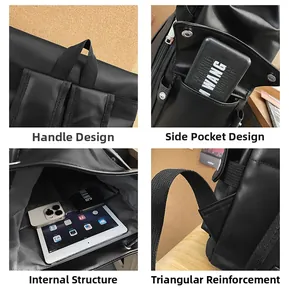 Detail view of reinforced stitching, side pockets and inner laptop sleeve of black backpack