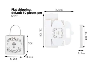 Detailed laser-cut white hollow cross candy box with assembly dimensions and flat template