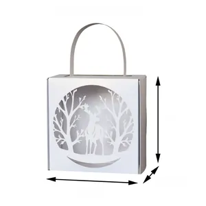Detailed laser-cut Christmas reindeer design on white cardstock gift box with dimensions