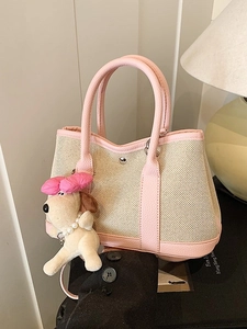 Women's Casual Canvas Stitched Synthetic Leather Tote Bag Large Capacity Contrast Color Shoulder Crossbody Bucket Bag