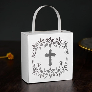 Detailed laser-cut hollow cross gift box with handle for religious weddings and baptisms