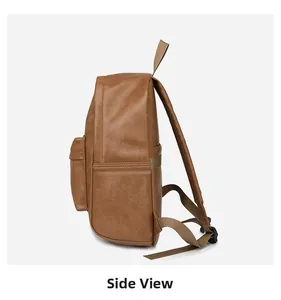 Side view of brown PU leather backpack with lychee texture and front zipper pocket