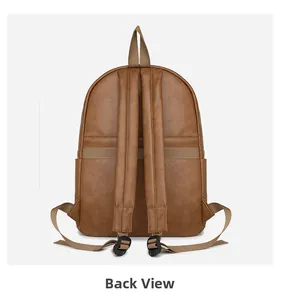 Detailed back view of brown lychee-patterned PU leather backpack with luggage strap