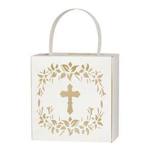 Detailed laser-cut hollow cross design on white pearlescent wedding favor box with handle