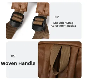 Detail of brown faux leather backpack showing adjustable buckle and woven handle