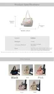 Size details of large canvas tote bag with small round coin pouch and color options