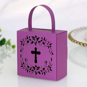 Purple laser-cut hollow cross candy box with handle and pearlescent finish for weddings