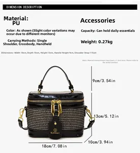 Detailed view of black PU leather box bag with dimensions 18x10x13cm and logo tag