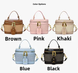 Five color options of woven leather box bags in brown, pink, khaki, blue, and black