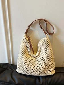 Women's Straw Woven Tote Bag Hollow Out Crochet Shoulder Bag Beach Vacation Hobo Handbag with Brown Leather Straps