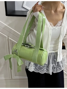 Sac à Épaule Femme avec Nœud en Cuir PU Sac Boston Cylindrique Sac à Main Bandoulière Mode Style Coréen Quotidien