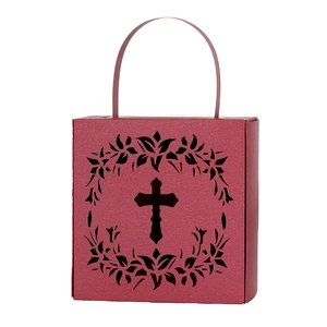 Hollow cross baby candy box in burgundy pearlescent paper with decorative handle