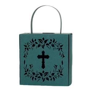 Dark green hollow cross candy box with floral patterns and handle for weddings