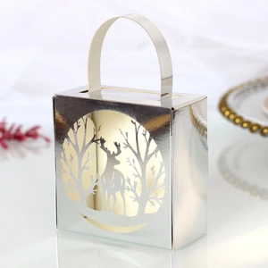 Detail of silver mirror finish reindeer laser cut gift box with handle and warm liner