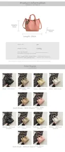 Detailed size chart and multi-color display of the PU leather bucket handbag