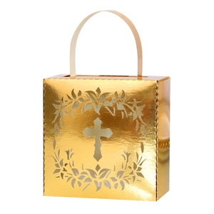 Golden hollow cross candy box with floral patterns and handle for wedding favors