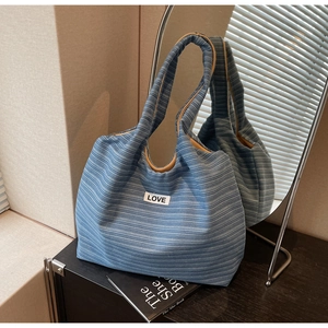 Blue striped canvas tote bag with LOVE patch detail and large capacity shoulder strap