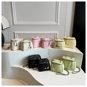 Cinq couleurs de mini sacs bandoulière avec logo camélia et bandoulière en chaîne