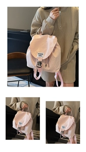 Detail of light pink waterproof drawstring backpack with metal buckle and side zipper