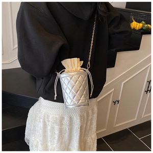 Silver quilted mini bucket bag with drawstring closure and golden chain strap on model