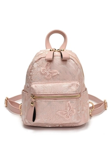 Pink mini backpack with 3D butterfly embroidery and relief floral pattern fabric