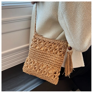 Detail of hand-woven straw bag showing hollow floral patterns and fringe with wooden beads