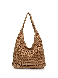 Large capacity woven straw shoulder bag with hollow mesh design for beach vacation