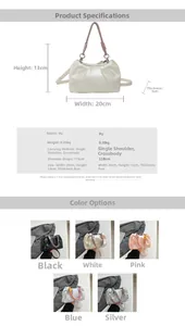 Detailed size specifications and multi-color options for the ruched cloud handbag