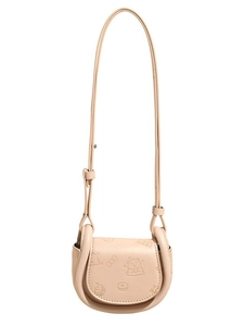Minimalist beige saddle bag with cute cartoon embossing and adjustable shoulder strap