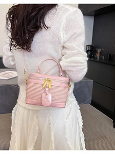 Pink woven texture box bag with gold double zippers and top handle for women