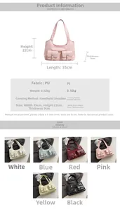 Detailed dimension guide and color options for the multi-pocket PU leather shoulder bag