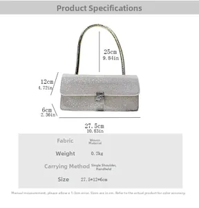 Detailed view of silver rhinestone bag dimensions 27.5x12x6cm with 25cm handle