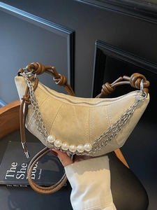 Sac Croissant Demi-Lune pour Femme en Denim Cuir PU Sac à Bandoulière Avec Décor de Chaîne en Métal et Künstliche Perles pour Fête