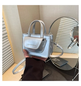 Detail of silver metallic mini square bag with Fashion & Bags embossed flap and texture