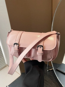 Pink glossy vintage underarm bag with double buckles and adjustable wide shoulder strap