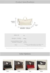 Detailed size specifications for a large PU leather tote bag with four color options