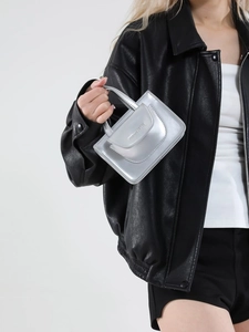 Silver mini crossbody bag for women with embossed flap design and metallic finish