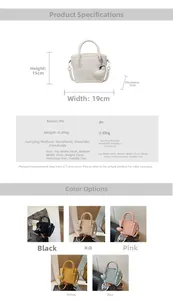 Size chart for PU leather handbag showing 19x15x9cm dimensions and five color options