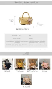 Vue détaillée du mini sac seau en cuir PU avec dimensions et breloque ours en peluche