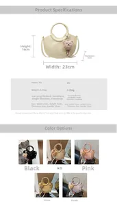Detailed size chart and specifications for PU leather crossbody bag in five vibrant colors