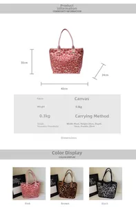 Detailed view of leopard print tote bag dimensions 40x30x14cm with handle height specifications
