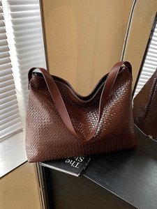 Women Large Capacity Woven Tote Bag PU Leather Intrecciato Shoulder Bag Casual Hobo Handbag Commuter Simple Soft Bag
