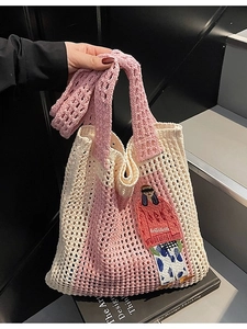 Damen Casual Gestrickte Hohle Tote Bag Cartoon Aufnäher Gewebtes Netz Große Kapazität Umhängetasche Künstlerische Häkel Tasche