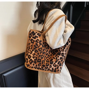 Leopard print canvas tote bag shown from a back perspective with large capacity